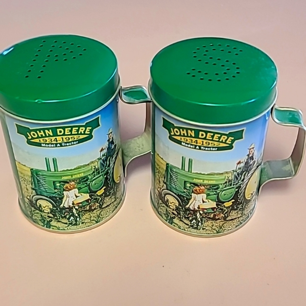 John Deere Model A Tractor Corn Field Scene Metal Salt & Pepper Shakers Set